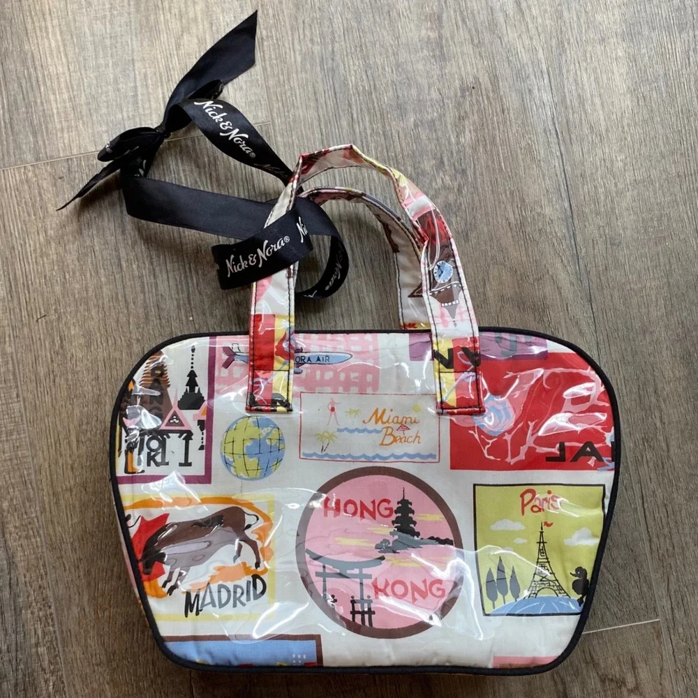 Nick & Nora Travel Stamp Print Cosmetic Bag Vinyl World Tour Multicolor Ribbon